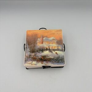 Thomas Kinkade Victorian Christmas II Ceramic Coaster Set of 4 with Metal Holder